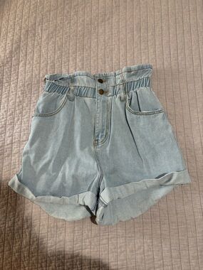 Forever 21 Light Blue High-Waist Paperbag Denim Shorts